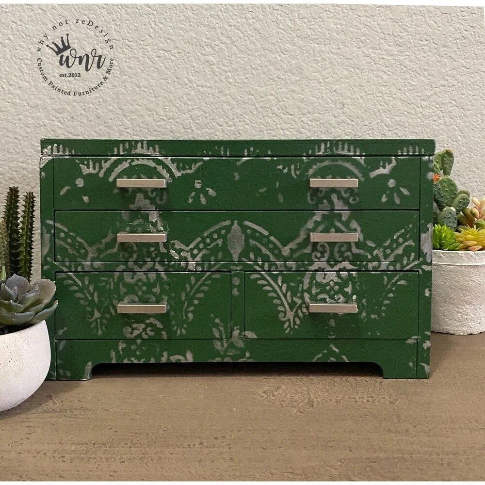Green Hand Painted Wood Jewelry Box Silver Stencil Mirror Geometric Handmade